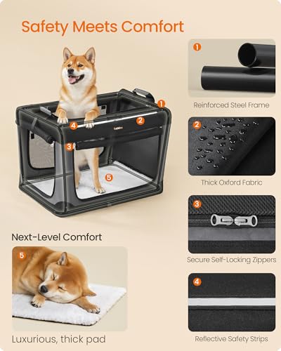 Feandrea Collapsible Dog Crate, 30-Inch Portable Dog Travel Crate for Medium Dogs, Oxford Fabric Pet Carrier with 4 Mesh Doors, Handles, Storage Pocket, Water Bottle Holder, Ink Black UPDC017B01 - size: L（30"L x 21"W x 21"H)