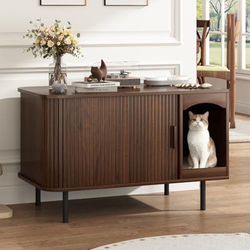 Cat Litter Box Enclosure Furniture, Hidden Litter Box Cabinet with Scratching Pad, Large Fluted Wood Cat House Indoor Modern Side End Table Litterbox Furniture for Living Room, Entryway, Walnut - color: Walnut, size: 35.4"