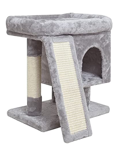SYANDLVY Small Cat Tree for Indoor Cats, Cat Tower with Scratching Post, Modern Activity House for Large Cats, Condo with Board, Kittens Cave (Light Grey) - color: Light Grey