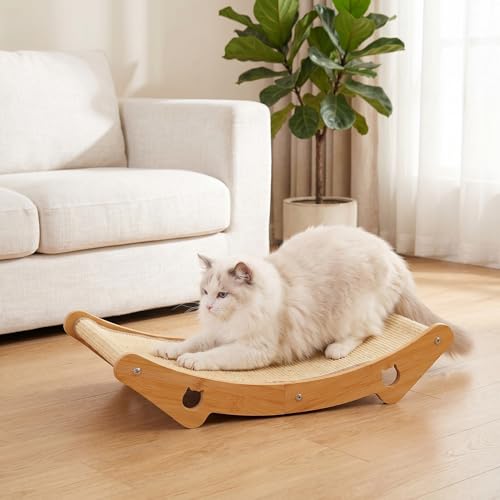 Sisal Cat Scratcher Bed, 3-in-1 Natural Sisal Scratching Board & Hammock, Solid Wood Frame, Ergonomic 150° Curve, No Cardboard Dust, for Indoor Cats up to 20 lbs