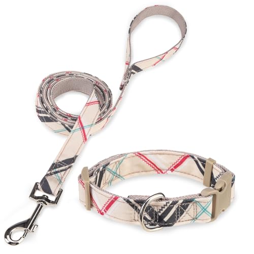 Dog Collar and Leash Set for Medium Dogs, Adjustable Soft Puppy Collar with Quick Release Buckle, 5FT Heavy Duty Nylon Matching Leash for Boy Girl Chihuahua, Yorki, Bulldog, Beige M - color: Beige, size: Medium(Neck:14.2"-20.1")