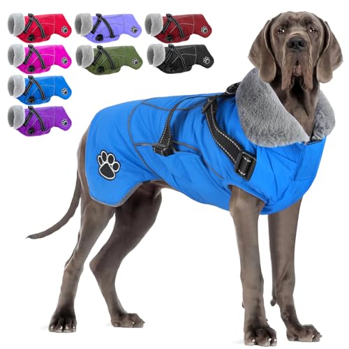Dog Coat with Harness, Reflective Warm Dog Jacket Waterproof Puppy Winter Coat for Cold Weather, Adjustable Fleece Jacket for Small Medium Large Dogs - color: Blue, size: XXX-Large