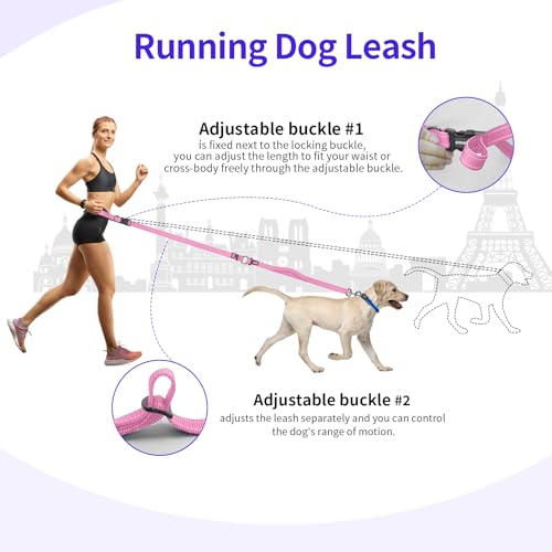 Hands Free Dog Leash by Kazazoo, Adjustable 6-9 FT Waist & Crossbody Leash with Quick Off Buckle, Reflective Stitches for Walking, Jogging,Medium to Large Dogs & Puppies Pink-L - color: Pink, size: L