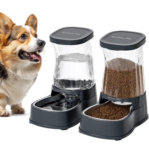 Gardner Pet Automatic Dog Water Dispenser Gravity Stainless Steel Waterer & Food Feeder Set, 100% BPA Free Large Capacity Feeding Bowls for Medium & Large-Sized Dogs Cats Other Pets -(1 Gallon x2) - color: Dark Grey-Sets, size: 1 Gallon (Water & food disp