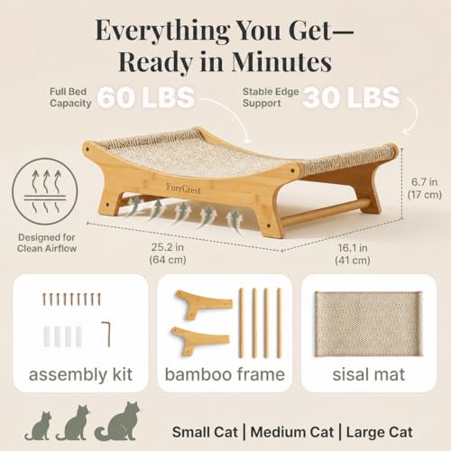 XL Sisal Cat Scratcher Bed with Elevated Hammock for Indoor Cats, Replaceable Natural Sisal Pad, Large Cat Lounge, Anti-Slip No-Wobble Bamboo Frame, Grey Chevron. - color: Grey Chevron