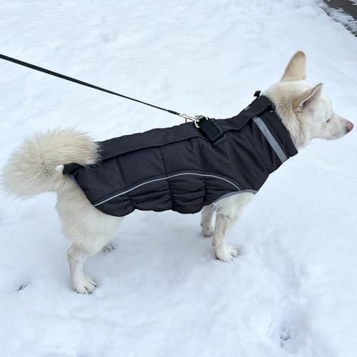 Dog Coat, Reflective Dog Jacket Waterproof Windproof Puppy Cold Weather Coats with Harness Built in, Winter Extra Warm Pet Coat Fleece Vest for Small Large Pets and Puppy (Black, XX-Large) - color: Black, size: XX-Large