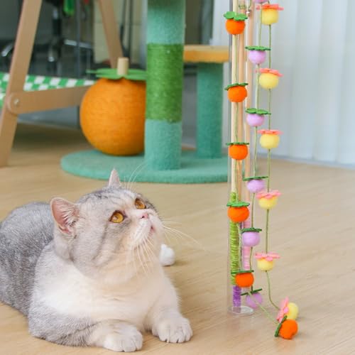Cat Wand Toy with Bell: Floral Bamboo Teaser for Cats & Kittens - Yellow Apricots - color: Yellow