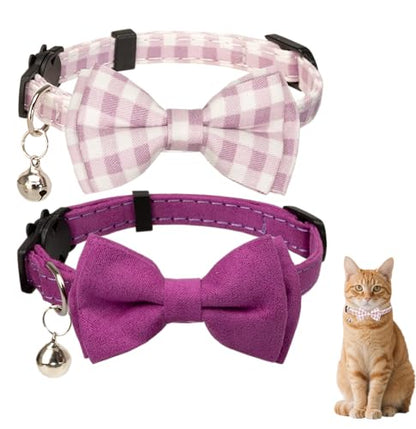 Cat Collar with Bow Tie 2pcs Set Bell Boy Girl Kitten Safety Plaid Grid Checkered Solid Color Suede Velvet Cute Soft Gift [2pcs] Purple - color: Style A-[2pcs] Purple