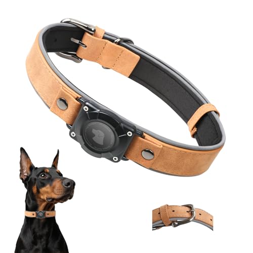 Leather AirTag Dog Collar - IPX8 Waterproof Dog Collar with AirTag Holder|Reflective, High - End, Adjustable Soft Padded |Dog GPS Collar Tracker Fit for Medium Large Dogs (Light Brown, XL) - color: LIGHT BROWN, size: XL (17.3"-23.6")