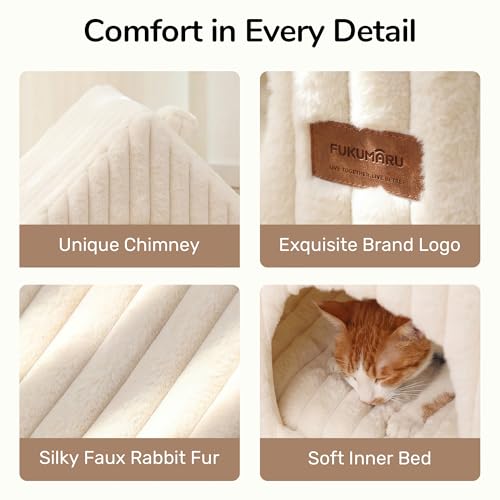 FUKUMARU Cat Houses for Indoor Cats, Washable Cute Cat Bed Cave with Removable Pillow, Large Semi-Enclosed Cozy Dog House Indoor, Soft Faux Rabbit Fur Kitten Bed, 17.5-Inch Cat Hideaway, Cream - color: Cream