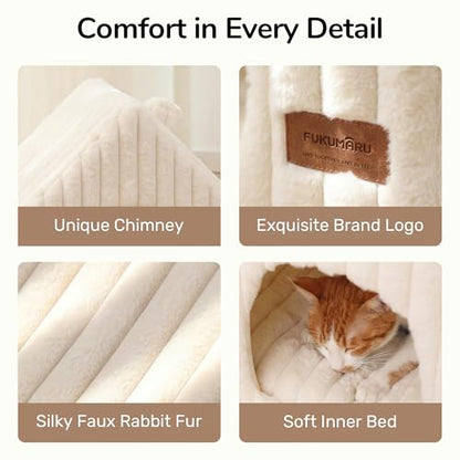 FUKUMARU Cat Houses for Indoor Cats, Washable Cute Cat Bed Cave with Removable Pillow, Large Semi-Enclosed Cozy Dog House Indoor, Soft Faux Rabbit Fur Kitten Bed, 17.5-Inch Cat Hideaway, Cream - color: Cream