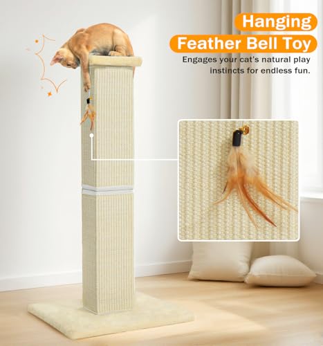 Made4Pets Cat Scratching Post, 32 Inch Natural Sisal Cat Scratcher with Kitten Toy, Tall Scratching Post for Indoor Cats Adults and Kittens, Beige - color: Beige-Sisal