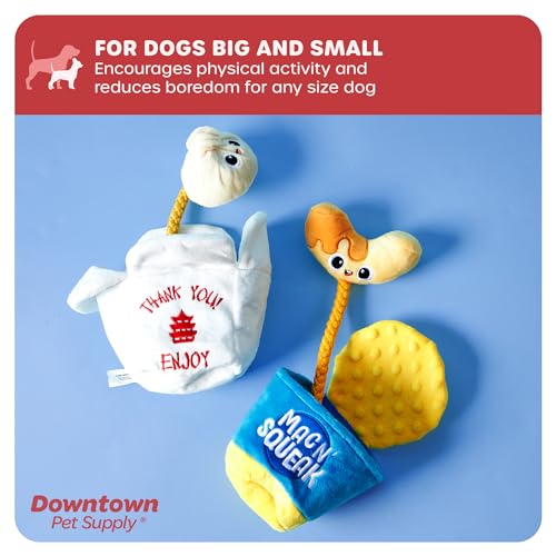 Downtown Pet Supply Chinese Takeout Plush Dog Toy – Crinkle Takeout Box with Squeaky Dumpling Rope | Interactive Hide & Seek Tug Toy for Small, Medium & Large Dogs - style: Asian Takeout