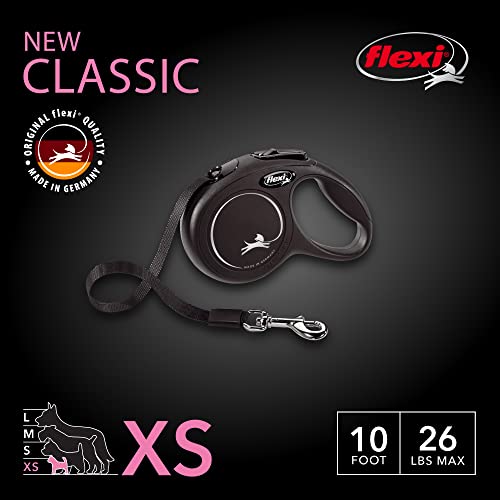 FLEXI New Classic Small Tape Retractable Dog Leash for Small Dogs Upto 26 lbs. – 10 ft., Black | Tangle Free Pet Walking Leash with One-Handed Brake, Pause, Lock|German Quality Product - color: Black, size: Small - 10 Feet (Tape)