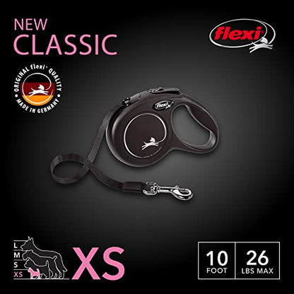 FLEXI New Classic Small Tape Retractable Dog Leash for Small Dogs Upto 26 lbs. – 10 ft., Black | Tangle Free Pet Walking Leash with One-Handed Brake, Pause, Lock|German Quality Product - color: Black, size: Small - 10 Feet (Tape)