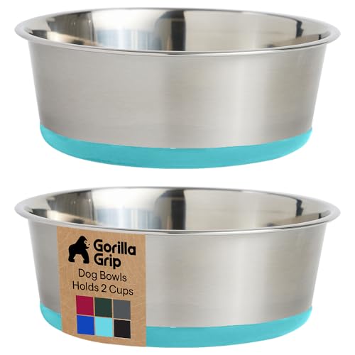 GORILLA GRIP Dog Bowls, Food Grade 304 Stainless Steel Holds 2 Cups Each (16 fl oz) Food and Water Bowl for Feeding Dogs and Cats Dishwasher Safe Rust Resistant BPA Free Rubber Base Set of 2 Turquoise - color: Turquoise, size: 2 Cup (16 Oz)