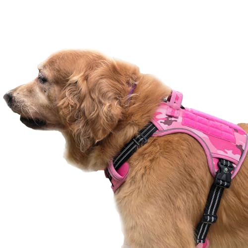 Tactical Dog Harness for Medium & Large Dogs, Camo Pink Adjustable No-Pull Control with Handle, Heavy Duty Reflective Vest - Size L - color: CAMO PINK, size: L