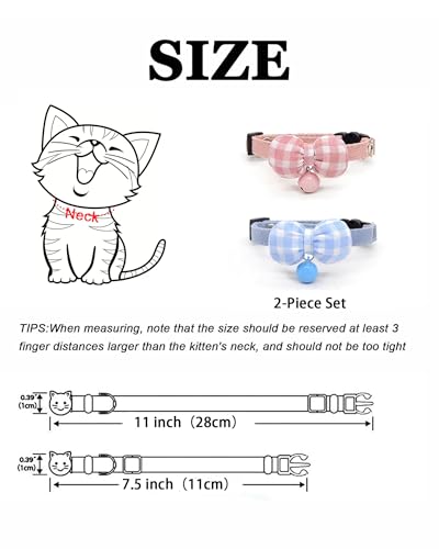 2 Pack Soft Breakaway Safety Cat Collar，Kitten Collar with Bell and Bow Tie,Adjustable Breakaway Cotton Collar for Kitty and Puppy (Plaid-Blue Pink) - color: Plaid-Blue Pink