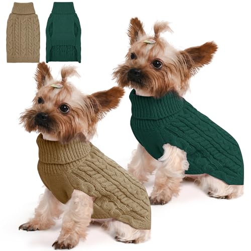 2 Pack Dog Sweaters for Small Dogs Winter Turtleneck Pullover Cable Knit Fleece Stretch Puppy Doggie Chihuahua Toy Poodle Yorkie Pomeranian Boy Girl Pet Clothes (XS, Green & Brown) - color: Green & Brown, size: X-Small