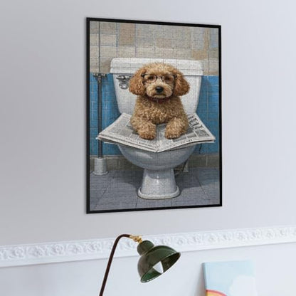 Goldendoodle On Toilet Reading Newspaper 500-Piece Wooden Jigsaw Puzzle, Playful Dog Illustration, Cozy Brain-Training, Fun for Teens