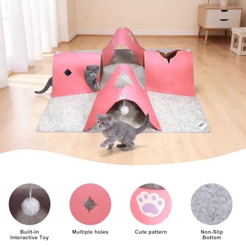 35.4" Large Interactive Felt Cat Activity Play Mat – Ripple Style Hide & Seek Tunnel with Hanging Ball, Foldable Snuffle Mat for Indoor Cats, Kittens, Rabbits, Small Pets, Pink - color: Grey-Pink