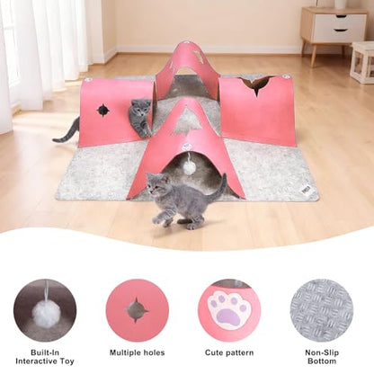 35.4" Large Interactive Felt Cat Activity Play Mat – Ripple Style Hide & Seek Tunnel with Hanging Ball, Foldable Snuffle Mat for Indoor Cats, Kittens, Rabbits, Small Pets, Pink - color: Grey-Pink