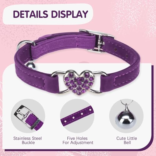 BINGPET 2 Pack Diamond Cat Collar with Bells and Safety Belt, Adjustable Soft Velvet Kitten Collar with Bling Heart Jewelry, Cute Purple & Pink Cat Collars for Girls & Boys(Neck Girth 8"-10") - color: Pink & Purple(Heart), size: Neck Girth 8"-10"