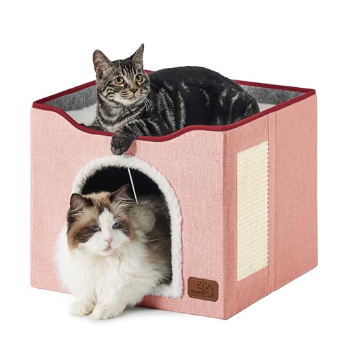 Bedsure Cat Beds for Indoor Cats - Large Cat Cave for Pet Cat House with Fluffy Ball Hanging and Scratch Pad, Foldable Cat Hideaway,16.5x16.5x13 inches, Pink - color: Pink, size: Single