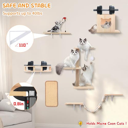 Cat Wall Shelves, Solid Wooden Wall-Mounted Cat Furniture, Set of 6 Cat Climbing Shelves with House, Bed, Bridge, Tree, Steps and Scratcher - color: Solid Wood