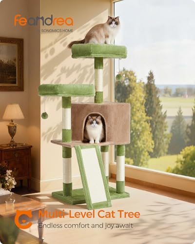 Feandrea Cat Tree, 45.3-Inch Cat Tower, Plush Condo with Scratching Post, Ramp, Perch, Spacious Cave, for Small Space, Grass Green and Camel Brown UPCT141CB03 - color: Grass Green + Camel Brown