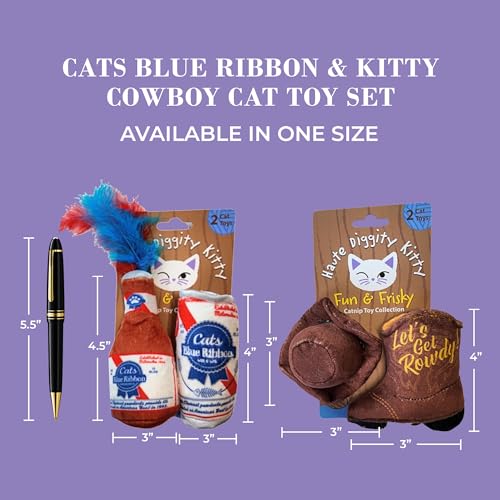 Haute Diggity Kitty Cats Blue Ribbon + Kitty Cowboy Set, Plush Cat Toys Catnip Filled with Interactive Crackle Sound, Safe & Durable Toys for Cat & Kitten, 4 Pcs - style: Cats Blue Ribbon + Kitty Cowboy