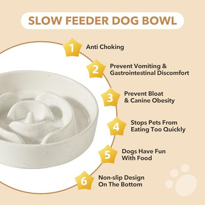 Havniva 1.2 Cup Elevated Slow Feeder Dog Bowls, 7.3” Dog Slow Feeding Bowls + 6.1” Ceramic Dog Water Bowls Set with Acacia Wood Stand, Dog Food Bowls Puzzle Feeder for Small Dogs Non-Slip Anti-choking - color: 2 x Vanilla White + Stand - A, size: M- 7.3in