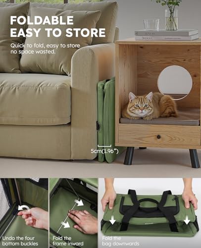 Pecute Cat Carrier Stable, Pet Carrier with Hidden Anxiety Relief Partition & Stable Steel Frame, Safe Cat Carrier for Car Travel, Soft-Sided Dog/Cat Carrier Bag for Pets Up to 11lbs, Green - color: Green Regular