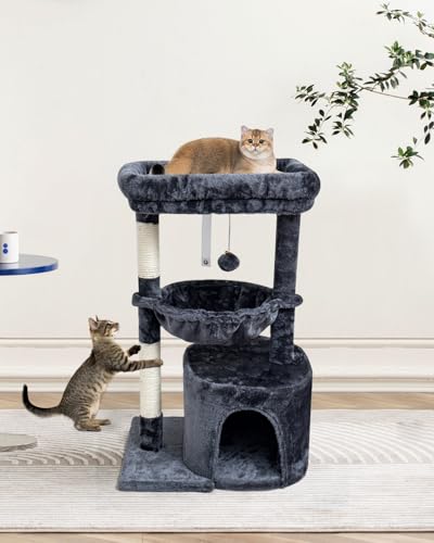 SYANDLVY Small Cat Tree for Indoor Cats, Cat Tower with Scratching Post, Modern Cat House with Padded Perch, Kittens Condo with Cradle, Smoky - color: Smoky Grey