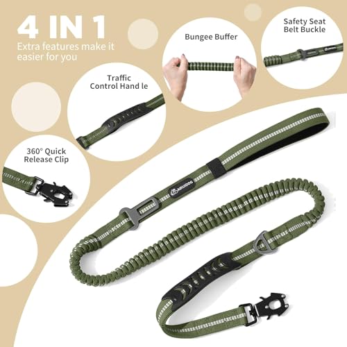 Heavy Duty Tactical Dog Leash, 4-6FT Shock Absorbing Bungee Lead with 2 Padded Handles, Metal Carabiner & Seatbelt Clip, Reflective No-Pull Leash for Medium/Large Dogs (ArmyGreen) - color: ArmyGreen