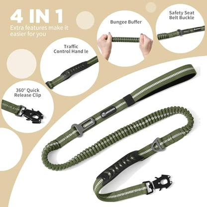 Heavy Duty Tactical Dog Leash, 4-6FT Shock Absorbing Bungee Lead with 2 Padded Handles, Metal Carabiner & Seatbelt Clip, Reflective No-Pull Leash for Medium/Large Dogs (ArmyGreen) - color: ArmyGreen