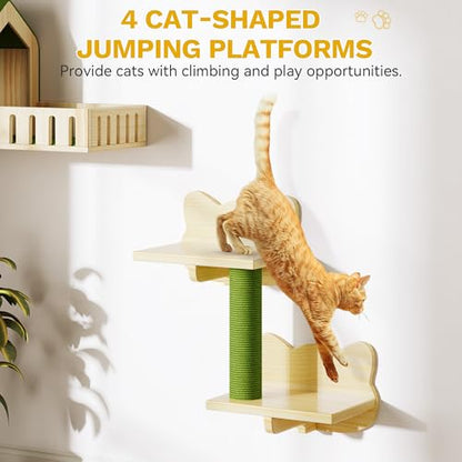 YITAHOME Cat Wall Shelves, Solid Wood Wall Mounted Cat Furniture with Green Wall House and Fence, Steps, Scratching Posts - size: 8 pieces
