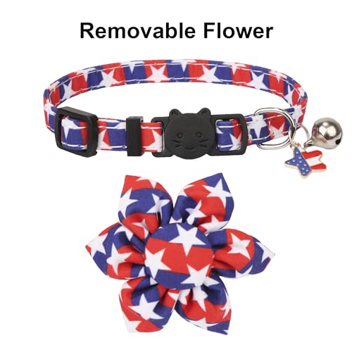 ADOGGYGO American Flag Cat Collars with Removable Flower Bell, Adjustable Red Blue 4th of July Flag Pattern Floral Collars for Cats Kittens - color: 4th of July