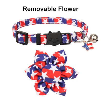 ADOGGYGO American Flag Cat Collars with Removable Flower Bell, Adjustable Red Blue 4th of July Flag Pattern Floral Collars for Cats Kittens - color: 4th of July
