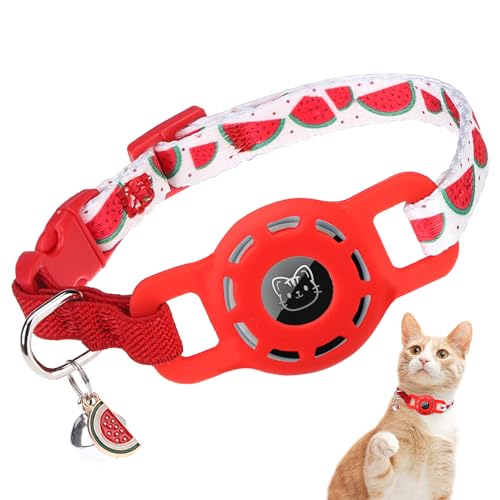 BINGPET AirTag Cat Collar with Bells, Upgraded Safety Elastic Cat Collar with Airtag Cat Collar Holder, Anti-Lost Cat Collars for Cats, Anti-Suffocation Kitty Puppy Collars - color: Watermelon