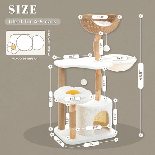 PETEPELA Modern Cat Tree Tower for Indoor Large Cats w/Removable Flower Perch, Real Solid Wood Cat Scratching Posts, Boho Ratten Cat Furniture w/Cozy Condo & Wicker Basket Bed, White - color: Cloud White