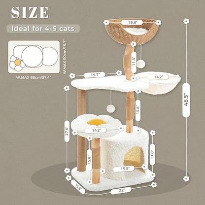 PETEPELA Modern Cat Tree Tower for Indoor Large Cats w/Removable Flower Perch, Real Solid Wood Cat Scratching Posts, Boho Ratten Cat Furniture w/Cozy Condo & Wicker Basket Bed, White - color: Cloud White