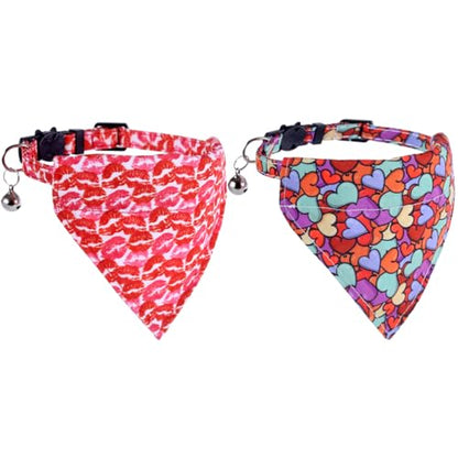 Valentine's Day Cat Collar Breakaway with Cute Bandana and Bell for Kitty Adjustable Safety Love Heart - color: Valentine-bandana