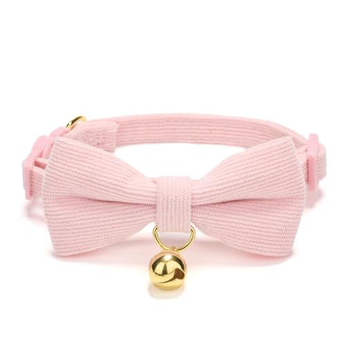 Soft Corduroy Cat Collar with Bell and Bowtie, Safety Breakaway Clasp, Adjustable for Kitten and Cats Pink Color. - color: Purple