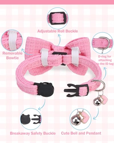 Cat Collar Breakaway with Bells, Soft Cotton Pink Cat Bowtie Collar for Girl Cats, Small Cats Collar with Bow for Spring Summer, 2 Pack Cute Kitten Collars with Removable Bowtie 8-12Inch - color: Light Pink + Sky Blue