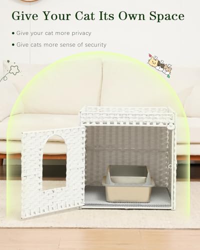 SETVSON Cat Litter Box Enclosure Furniture, Large Hidden Litter Box Furniture, Handwoven Rattan Cat House Cabinet, One Mat, Two S-Shaped Hooks, Living Room, Apartment 21.6 X 26 X 21.6 Inches, White - color: White, size: XL
