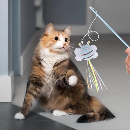 NOWFRESH Cat Wand Toy Set, 2 PCS Interactive Cat Teaser Wands with Cute Octopus & Lion Designs, Equipped with Bells and Streamers to Captivate Your Cat’s Attention - color: Octopus and Lion