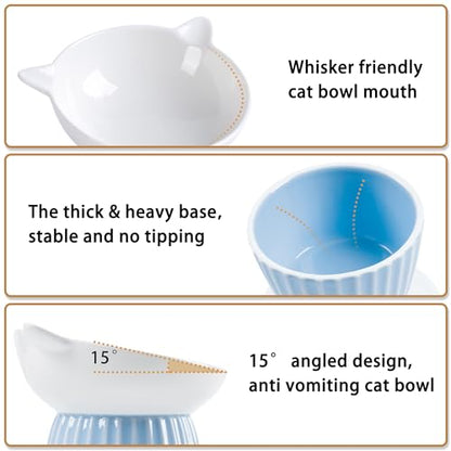 Ceramic Raised Cat Bowl，Tilted Raised Cat Bowl Anti Vomit Cat Bowls for Indoor Cats Whisker Friendly Pet Feeder for Cats Puppies, Microwave and Dishwasher Safe, Blue - color: Blue