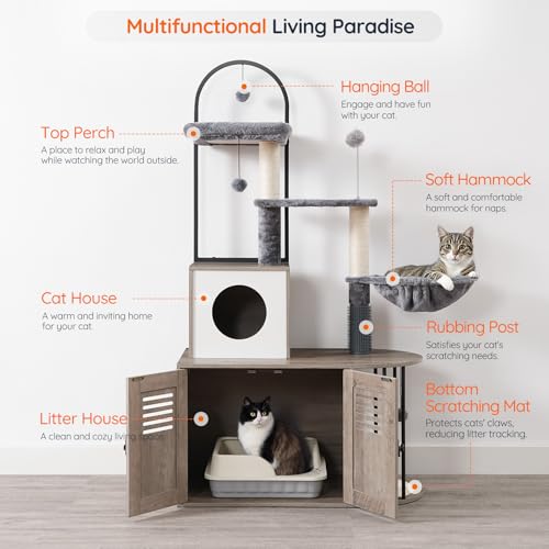 HOOBRO Cat Tree with Litter Box Enclosure, Arched All-in-One 31.5" Cat Tower with Hidden Litter Box Furniture for Indoor Cats, Versatile Cat Condo with Sisal Posts, Hammock, Greige and Gray BG45MZ03 - color: Greige and Gray