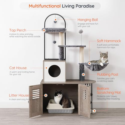 HOOBRO Cat Tree with Litter Box Enclosure, Arched All-in-One 31.5" Cat Tower with Hidden Litter Box Furniture for Indoor Cats, Versatile Cat Condo with Sisal Posts, Hammock, Greige and Gray BG45MZ03 - color: Greige and Gray